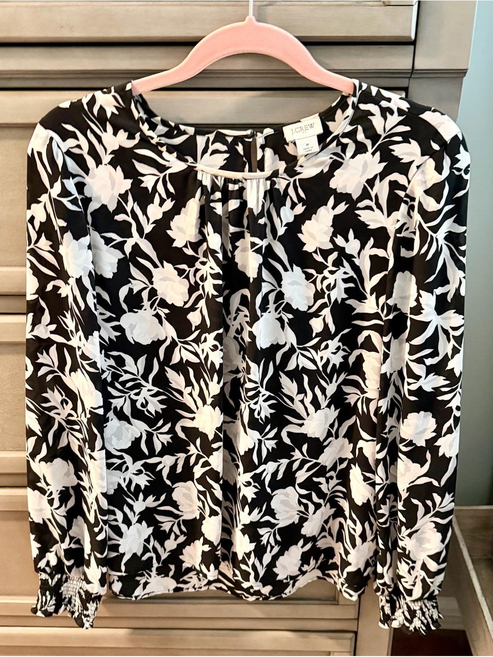 J. Crew Black and White Floral Long-Sleeve Blouse Medium